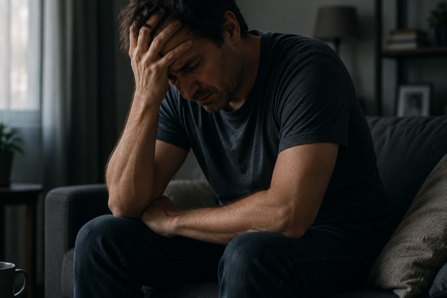Homem angustiado com a cabeça apoiada nas mãos
